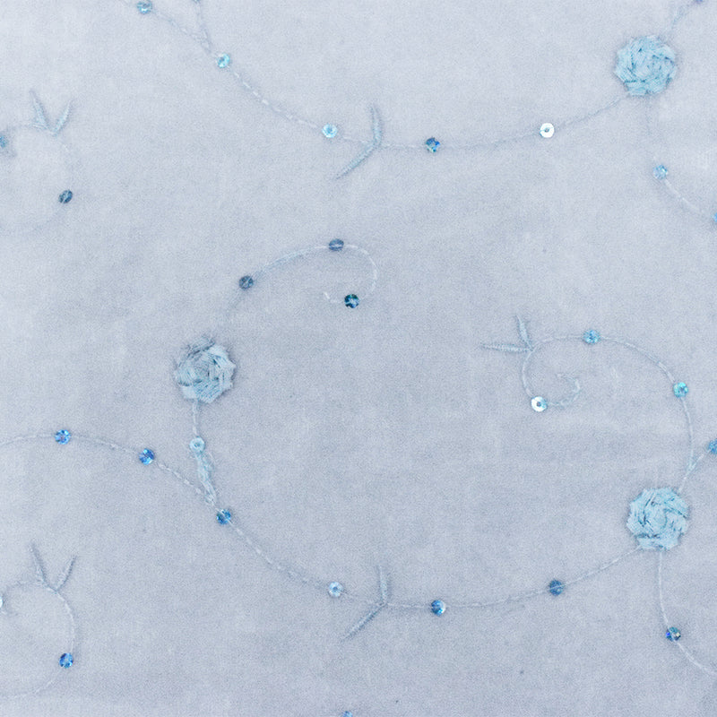 4 3/8 YD PC-Fairy Blue-Blue Floral Embroidered Sequin Nylon Organza Woven Fabric
