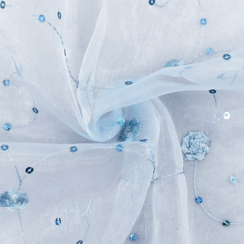 4 3/8 YD PC-Fairy Blue-Blue Floral Embroidered Sequin Nylon Organza Woven Fabric