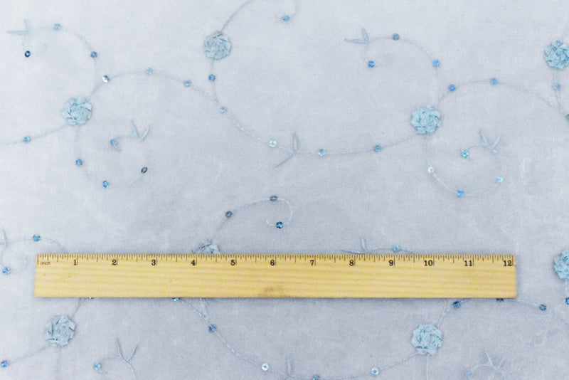 4 3/8 YD PC-Fairy Blue-Blue Floral Embroidered Sequin Nylon Organza Woven Fabric
