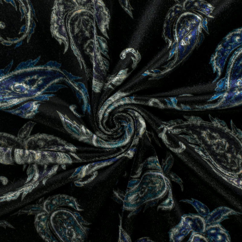 Royal Black-Multi Paisley Printed Stretch Poly Velvet Knit Fabric