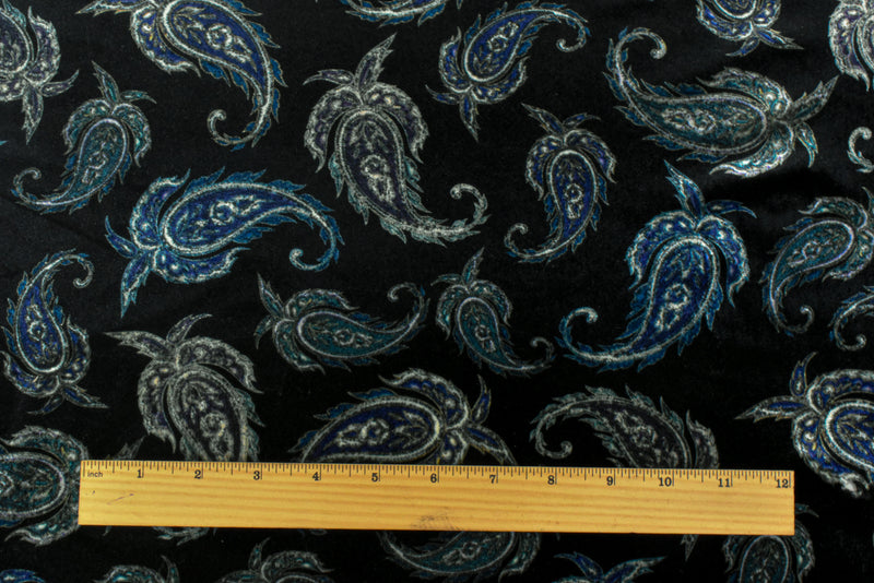 Royal Black-Multi Paisley Printed Stretch Poly Velvet Knit Fabric