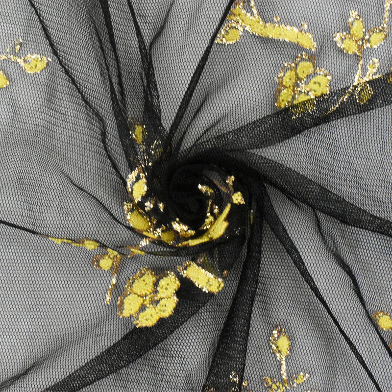 Star Gold-Black-Yellow Flora Sparkles and Bead Poly Mesh Knit Fabric