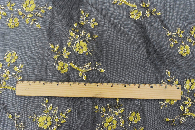 Star Gold-Black-Yellow Flora Sparkles and Bead Poly Mesh Knit Fabric