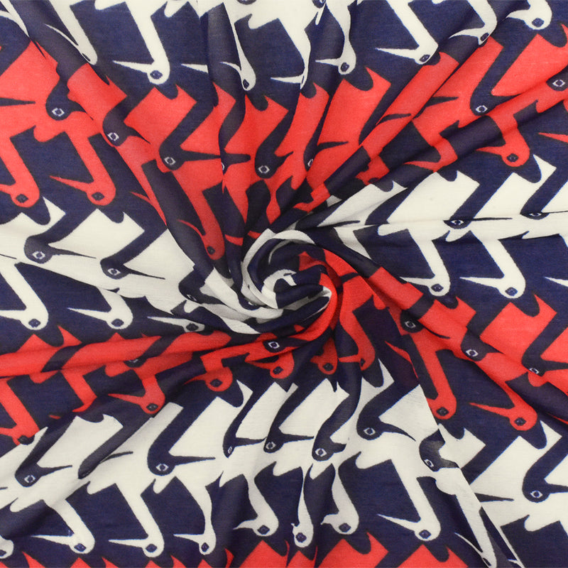 Dark Blue-Red-Ivory Brid Printed Stretch Poly Tissue Jersey Knit Fabric