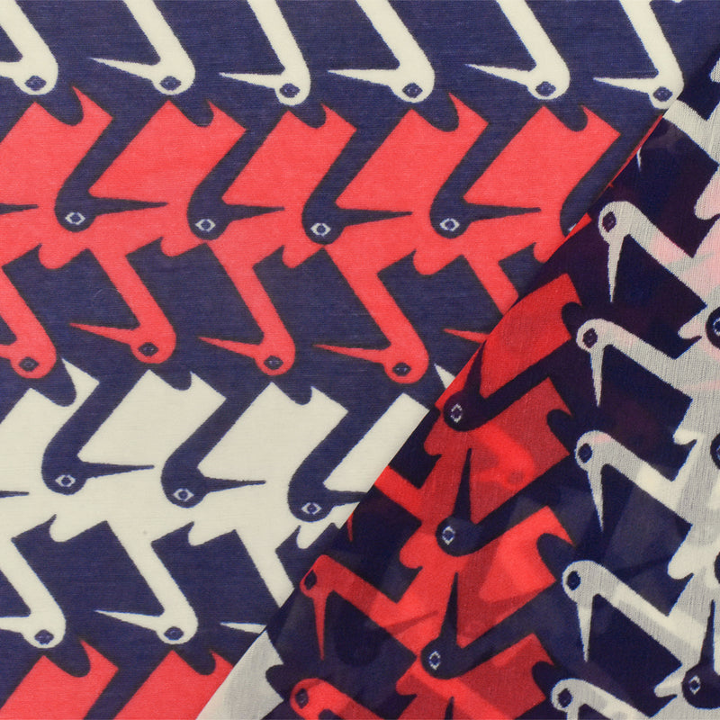 Dark Blue-Red-Ivory Brid Printed Stretch Poly Tissue Jersey Knit Fabric