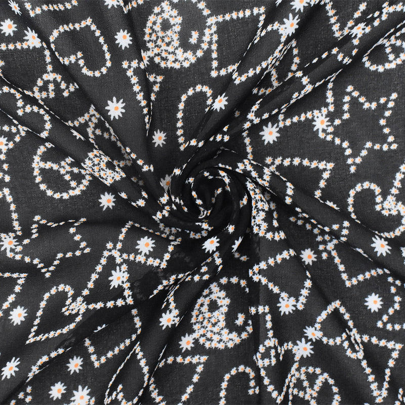Night Black-White-Orange Multi Pattern Printed Poly Chiffon Woven Fabric