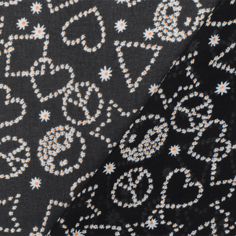 Night Black-White-Orange Multi Pattern Printed Poly Chiffon Woven Fabric