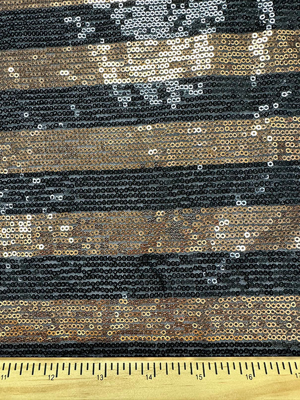 Copper and Black Stripe Sequin Mesh Fabric