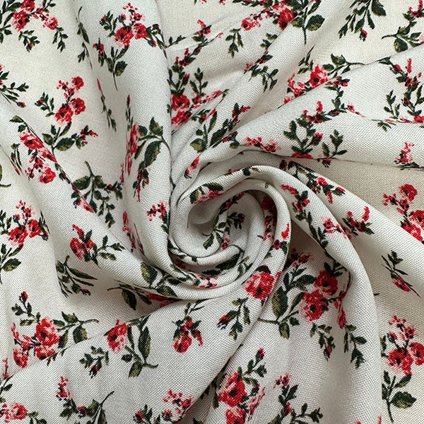 Off White Floral Print Rayon Challis Fabric
