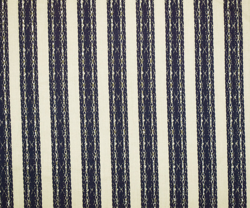 Off-White-Navy-Silver Cotton Blend Decorative Stripe Jacquard  Woven Fabric