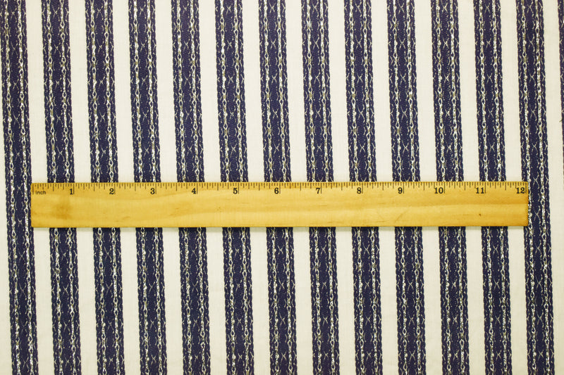 Off-White-Navy-Silver Cotton Blend Decorative Stripe Jacquard  Woven Fabric