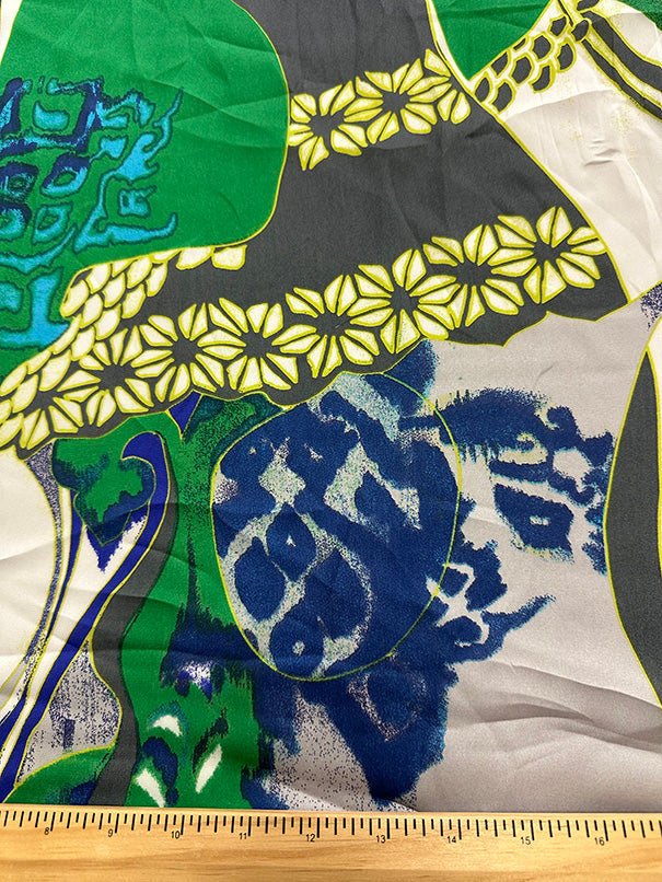 Green Multi Abstract Print Poly Charmeuse Satin Fabric