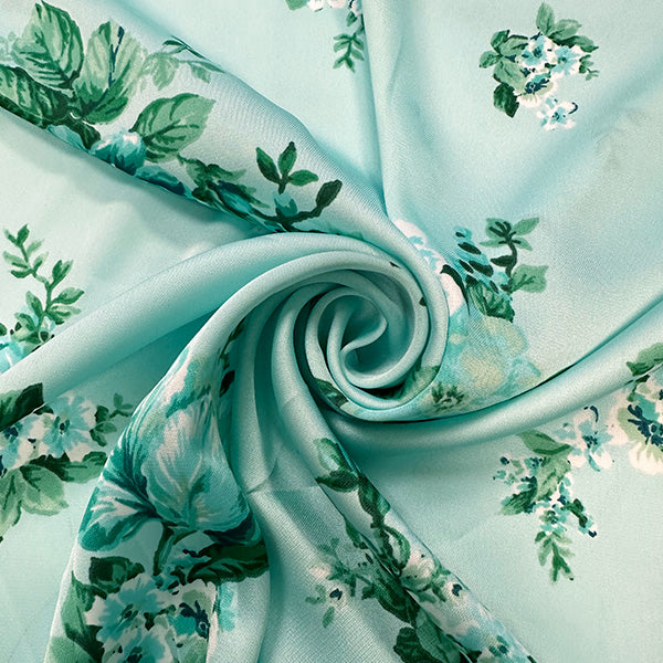 Mint Green Rose Print Poly Charmeuse Satin Fabric