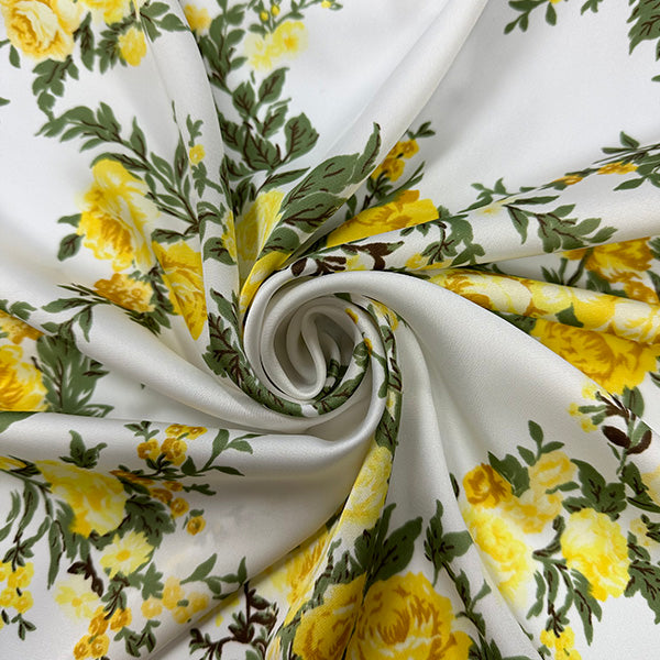 2 1/8 YD PC-Yellow Roses Print Poly Charmeuse Satin Fabric