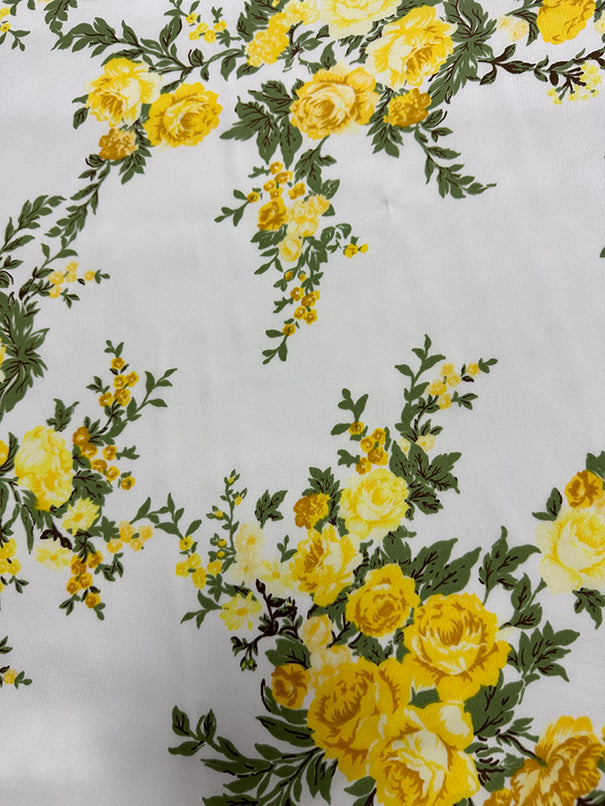 2 1/8 YD PC-Yellow Roses Print Poly Charmeuse Satin Fabric