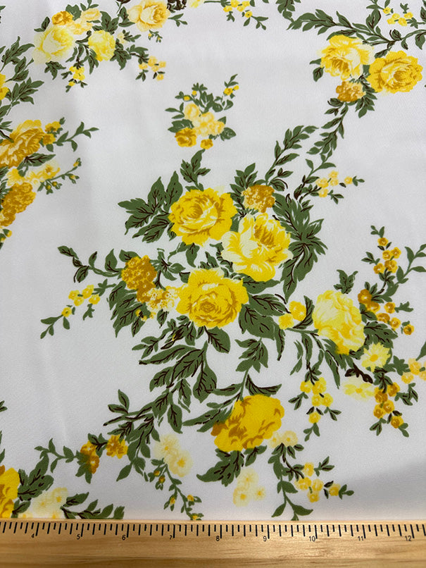 2 1/8 YD PC-Yellow Roses Print Poly Charmeuse Satin Fabric