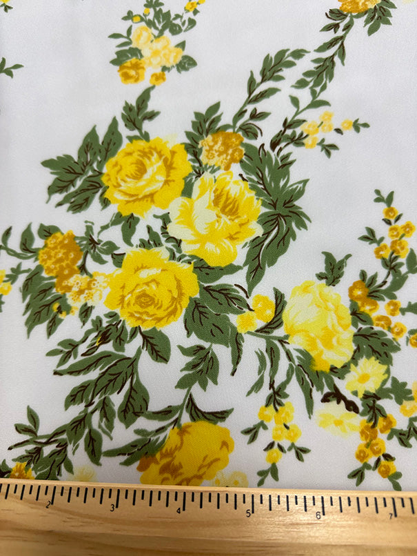 2 1/8 YD PC-Yellow Roses Print Poly Charmeuse Satin Fabric