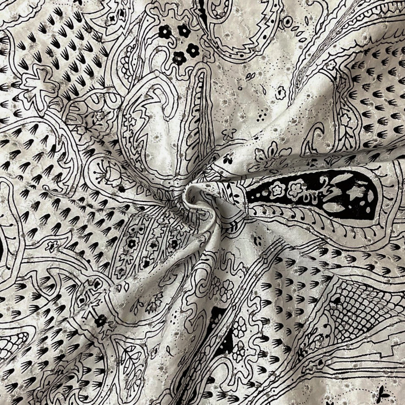 2 YD PC-White-black Cotton Paisley Embroidered Eyelet Twill Woven Fabric