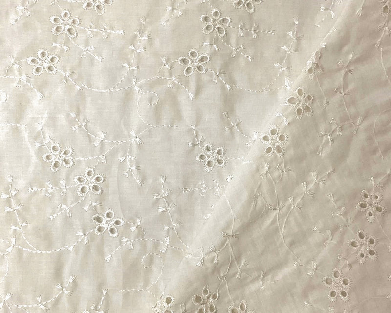 Light Ivory Cotton Floral Vine Embroidered Eyelet Voile Woven Fabric