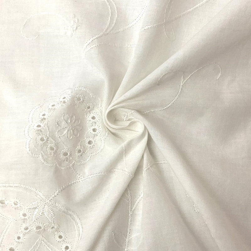 Off-White Cotton Floral Embroidered Eyelet Voile Woven Fabric