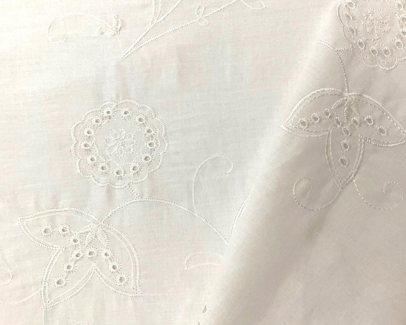 Off-White Cotton Floral Embroidered Eyelet Voile Woven Fabric