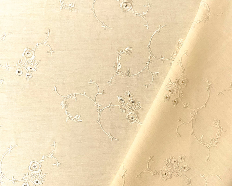 1 1/2 YD PC-Butter Cotton Floral Vine Embroidered Eyelet Twill Woven Fabric