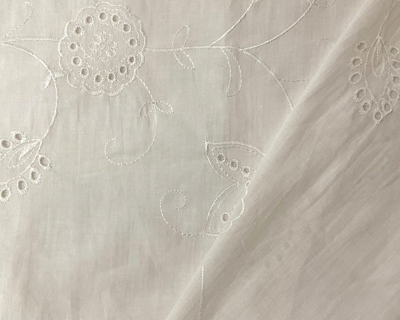 White Cotton Floral Embroidered Eyelet Voile Woven Fabric