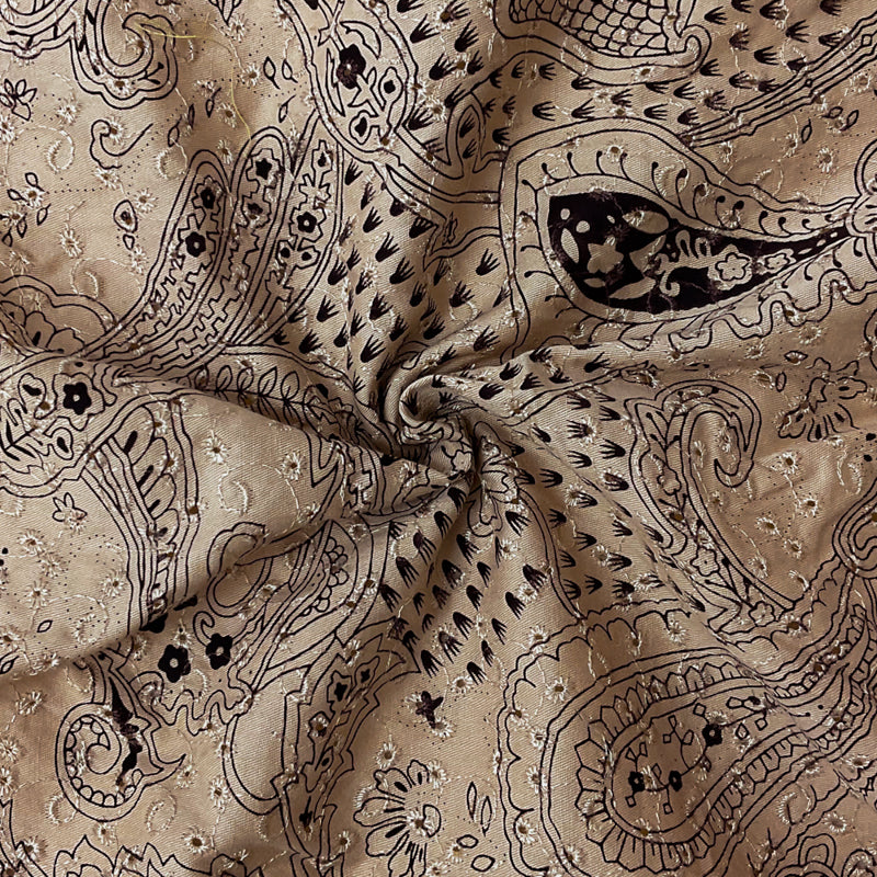 1 1/4 YD PC-Beige-Brown Cotton Paisley Embroidered Eyelet Twill Woven Fabric