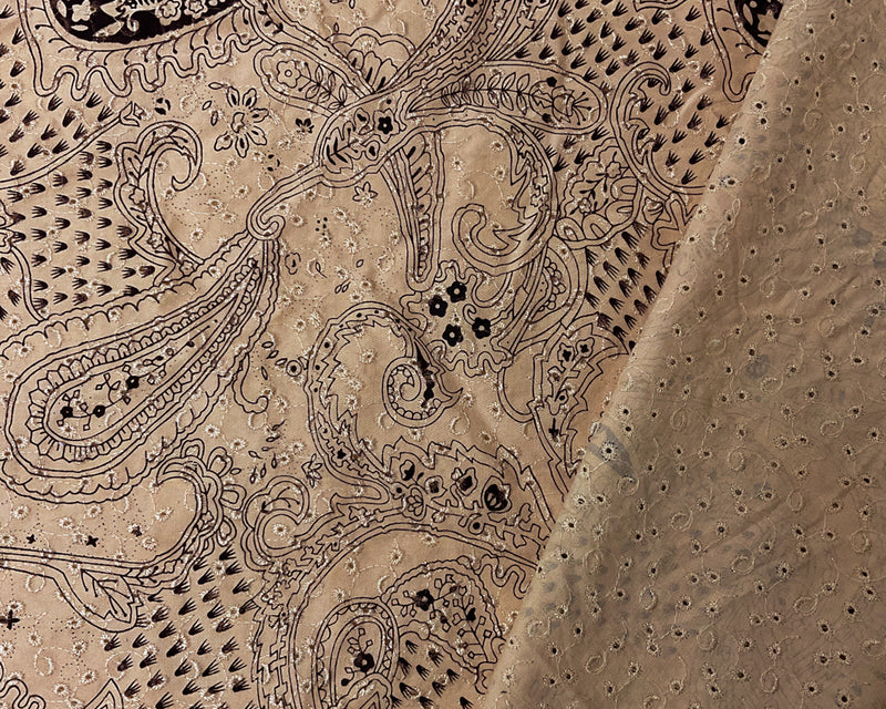 1 1/4 YD PC-Beige-Brown Cotton Paisley Embroidered Eyelet Twill Woven Fabric
