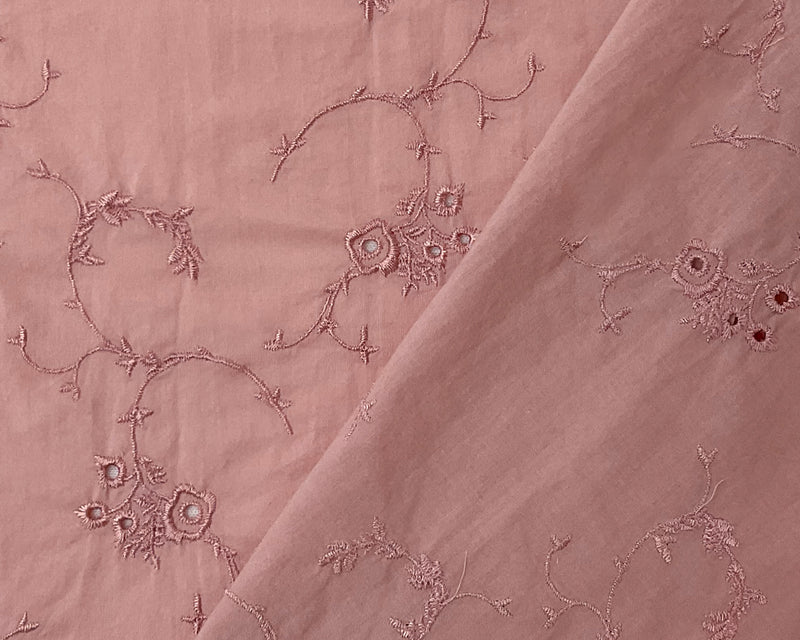 2 7/8 YD PC-Pink Cotton Floral Vine Embroidered Eyelet Batiste Woven Fabric
