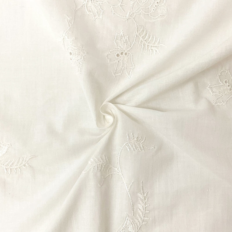 White Cotton Floral Embroidered Eyelet Voile Woven Fabric
