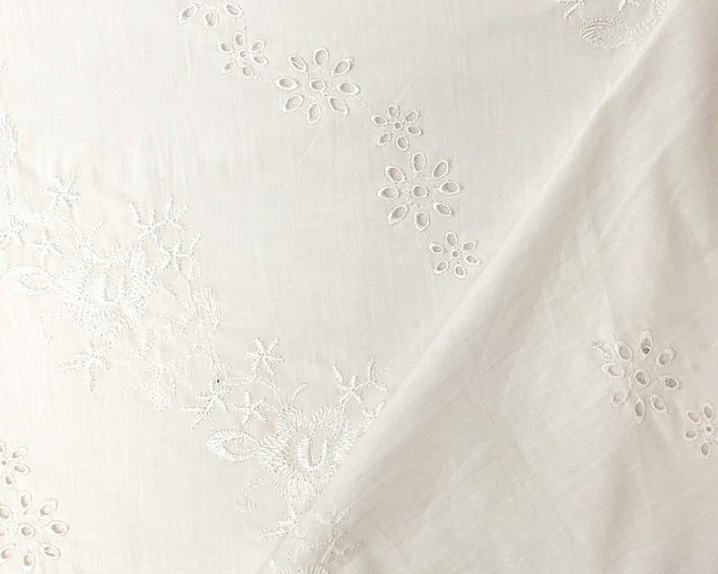 White Cotton Floral Embroidered Eyelet Voile Woven Fabric