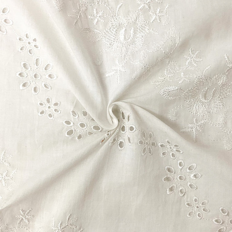 White Cotton Floral Embroidered Eyelet Voile Woven Fabric