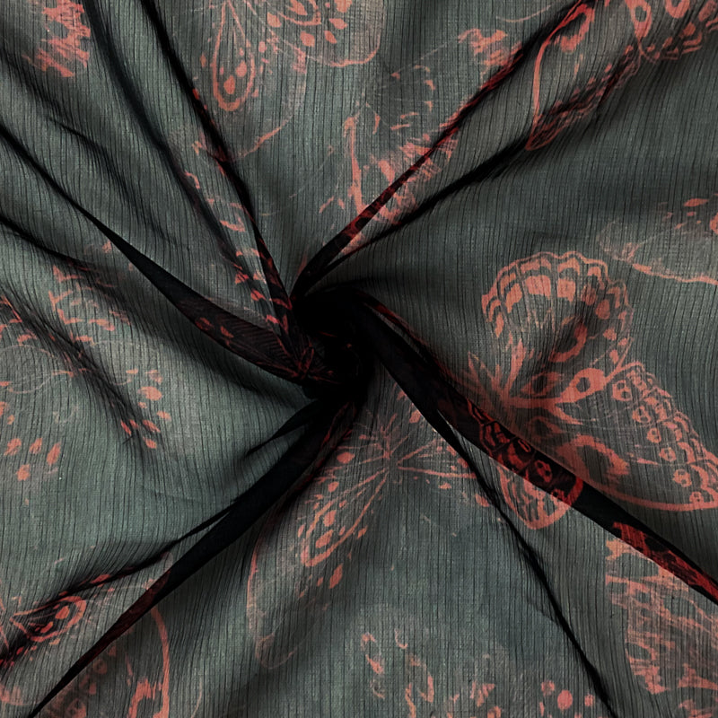 Black-Red Poly Butterfly Printed Yoryu Chiffon Woven Fabric