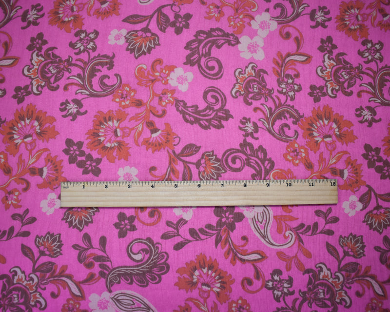 Pink-Red-Multi Poly Floral Paisely Printed Crinkle Chiffon Woven Fabric