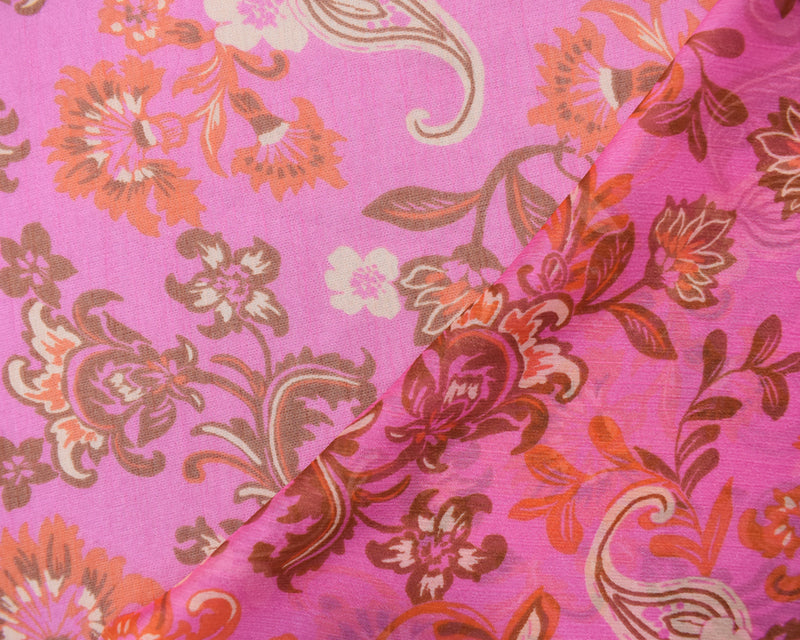Pink-Red-Multi Poly Floral Paisely Printed Crinkle Chiffon Woven Fabric