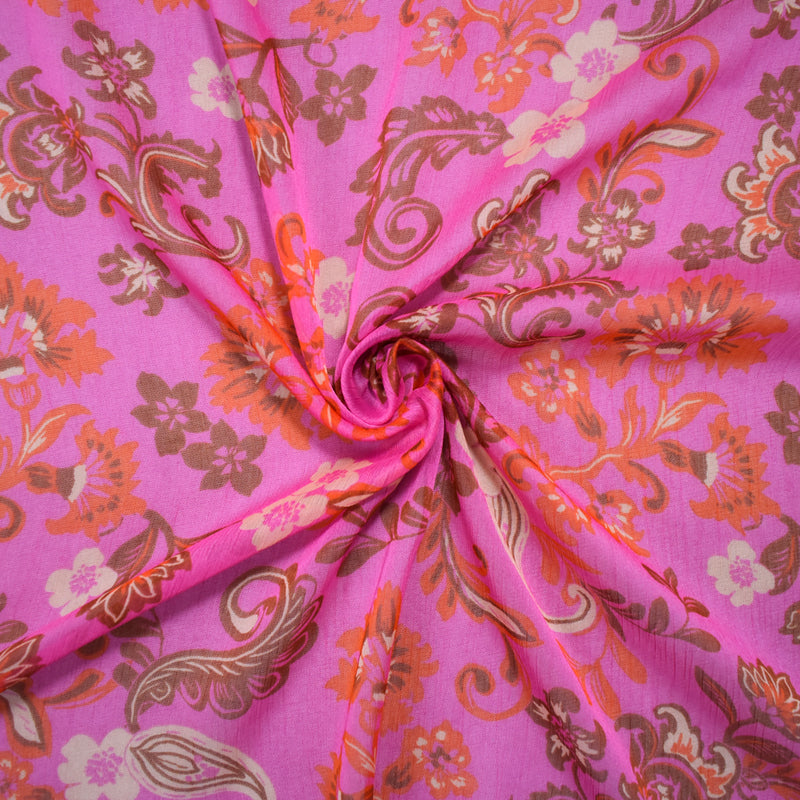 Pink-Red-Multi Poly Floral Paisely Printed Crinkle Chiffon Woven Fabric