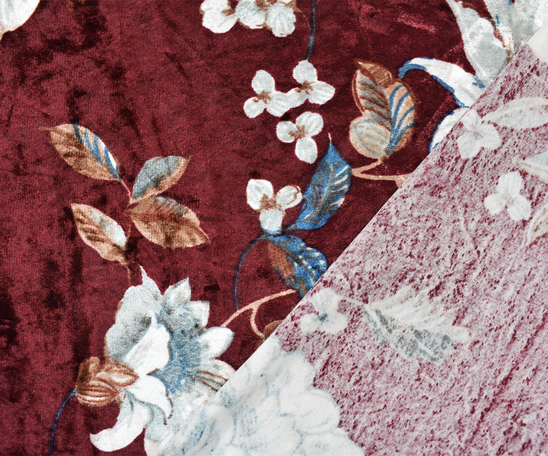 Red-Multi Poly Stretch Floral Printed Crushed Velvet Knit Fabric