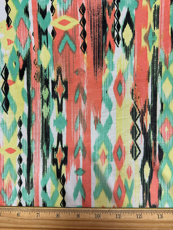 Coral Aztec Multi Print Stretch Mesh Fabric