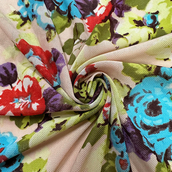 Light Peach Multi Floral Print Stretch Mesh Fabric