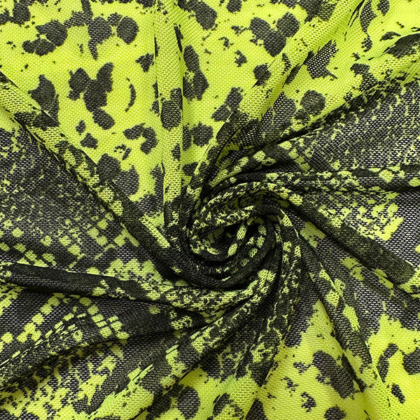 Neon Yellow Green and Black Snakeskin Stretch Mesh Fabric