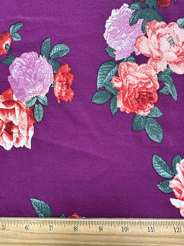 1 YD PC-Magenta Floral Print Crepe Scuba Double Knit Fabric
