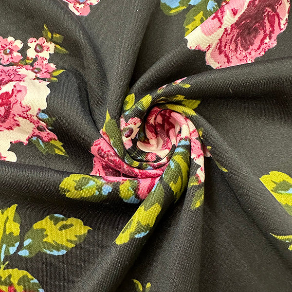 Black Floral Print Scuba Knit Fabric