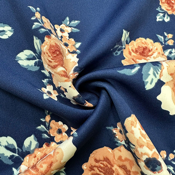 Navy and Peach Multi Floral Print Scuba Knit Fabric
