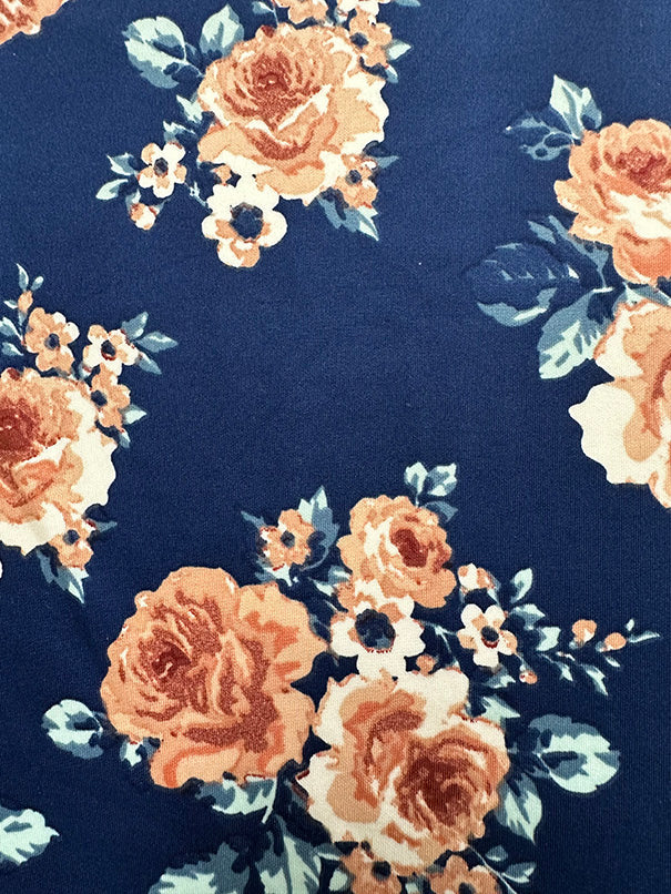 Navy and Peach Multi Floral Print Scuba Knit Fabric