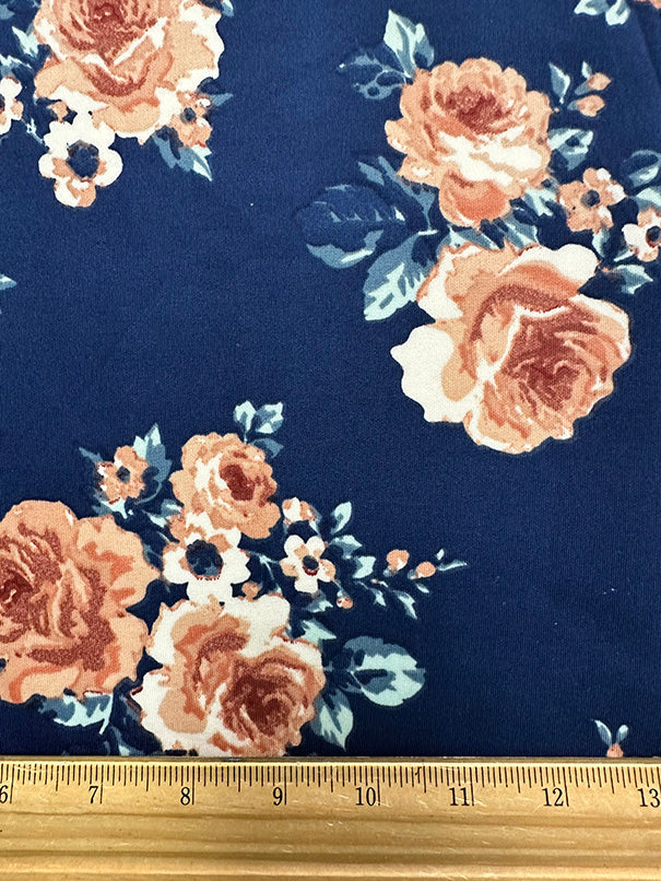 Navy and Peach Multi Floral Print Scuba Knit Fabric
