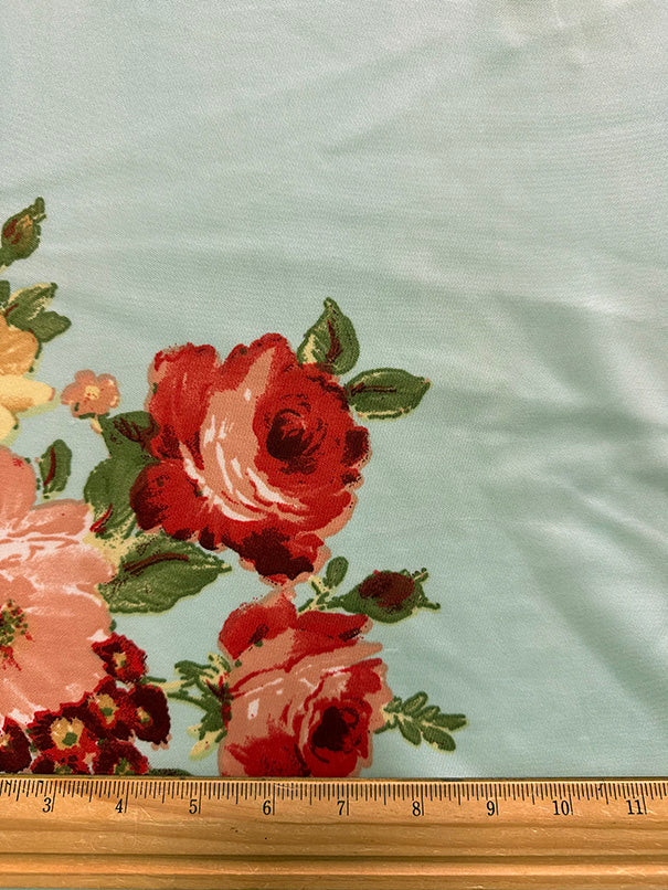 4 3/8 YD PC-Mint Green Multi Floral Print Scuba Knit Fabric