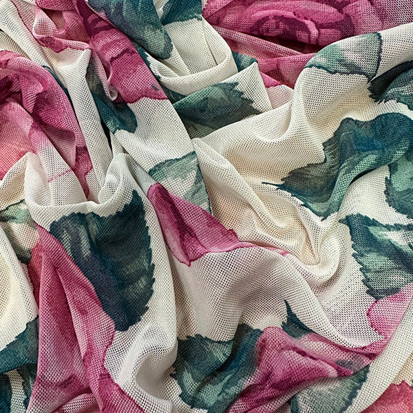 Ivory Multi Floral Print Stretch Mesh Fabric
