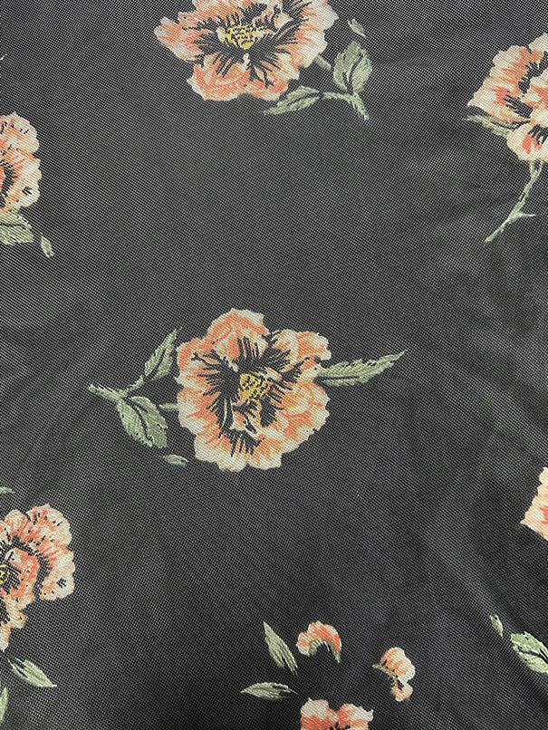 1 1/4 YD PC-Peach on Black Floral Print Stretch Mesh Fabric