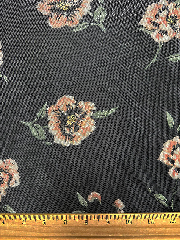1 1/4 YD PC-Peach on Black Floral Print Stretch Mesh Fabric